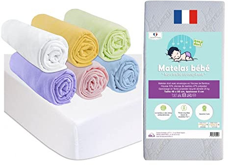 Easy Dort KIT Pratique Bebe | Matelas 40x80 Berceau Nacelle Couffin Bébé + 6 Draps Housse Coton Mixte + 2 Alèses Coton | Kit Complet lit bébé | Certifié Oeko-Tex | Fabrication France & UE