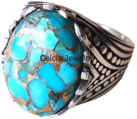 Blauer Kupfer-Türkis-echter blauer Edelstein-Ovalring, echtes 925er Sterlingsilber, Siegelring, Statement-Ring, Ehering, Herrengeschenkring, einzigartiges Geschenk für ihn