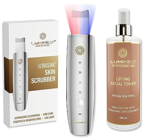 Lumineo Ultraschallpeelinggerät mit 4 Funktionen: Ultraschall, Ionen, EMS, LED, Mitesser, Akne-Entferner, Porenreiniger, Peeling, Skin Scrubber mit passendem 400ml Toner (Lifting)