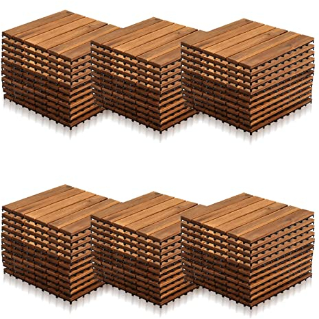 Yakimz Holzfliesen 66er| aus Akazien Holz| 30 × 30cm| 1 m² pro bodenfliesen|Outdoor & Indoor Bodenbelag Balkon mit Drainagensystem & Klicksystem, Braun