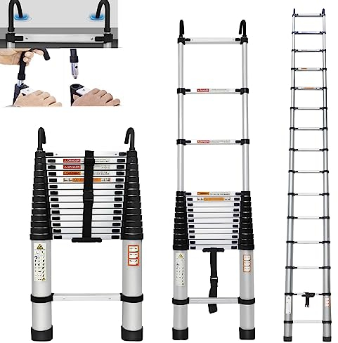 Teleskopleiter mit 2 Haken, 6,2M Aluminium Klappleiter Rutschfester Stehleiter, 150 kg/330 Pfund Belastbarkeit Ausziehbare Leiter, Gefaltet 104cm, Mehrzweckleiter für Haus,Garden,im Freien