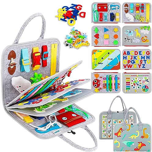 Esjay Busy Board Montessori Spielzeug, Activity Board Kleinkinder Motorikspielzeug ab 3 Jahre, Geschenk Mädchen, Sensorik Lernspielzeug, Motorikbrett für Reise Auto Flugzeug (Grau Multipage)