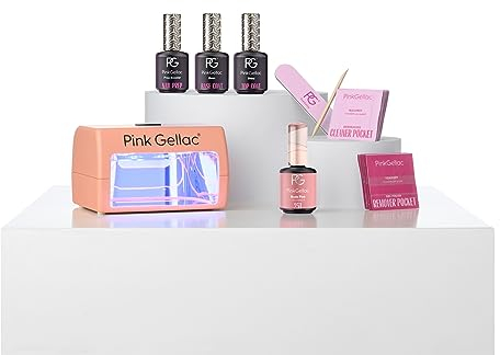 Pink Gellac Gel Nägel Set - UV Gelnägel Starterset mit Mini UV Lampe Peach - mit 1x Rosa Farbe 15 ml, Top Coat Gel & Base Coat - Shellac Starterset mit Lampe, Entferner & Cleaner in Salonqualität
