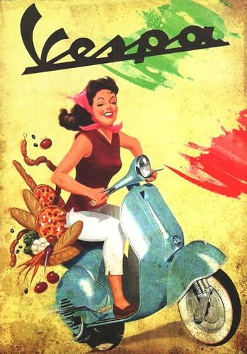 KUSTOM ART Poster Stile Vintage Serie Moto Scooter Ragazza su Motorino Stampa Artistica su Carta Patinata 40x30 cm Senza Cornice