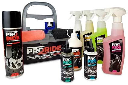 PRORIDE Kit de Limpieza de Bicicleta, Cuidado y Mantenimiento Profesional Completo - 11 Artículos – Limpiadores, Lubricantes, Líquido Antipinchazos, Bayeta, Cepillo y Cesta.