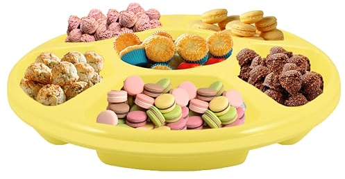 HOMESHOPA Plastic Compartment Trays, 1 Pack Lightweight Reusable Serving Platters for Parties, Compartment Appetizer Platter, Round Divided 6 Section Food Catering Trays for Snacks Fruits Nuts, Yellow