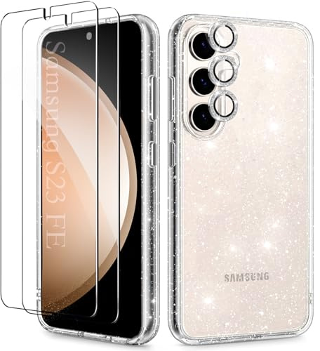 KIOMY Glitter Clear Case for Samsung Galaxy S23 FE 5G with Diamond Sparkle Camera Lens Protector +2 Packs Tempered Glass Screen Protector, Sparkly Shockproof Protective Girls Cover (for Samsung S23FE)