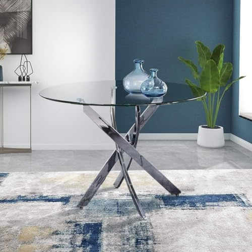 GOLDFAN Table à Manger Ronde en Verre, Table Moderne de Cuisine, Argenté, 80 cm