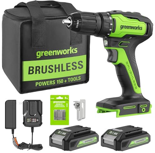 Greenworks 24V Brushless Cordless Drill Kit, 310 in./lbs, 18+1 Position Clutch, 1/2 '' Keyless Chuck, Variable Speed, (2)2Ah Batteries with 2A Charger, LED Light, 8pcs Drill Bits with Tool Bag