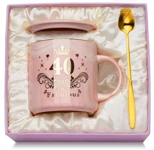 Regalos Mujer 40 Años Taza, 40 Cumpleaños Mujer Taza de Cerámica Jaspeada Rosa, Regalos Originales de Regalo 40 Años Mujer 400ml Taza de Café, Viene con Tapa, Cuchara, Felicitación y Caja de Regalo