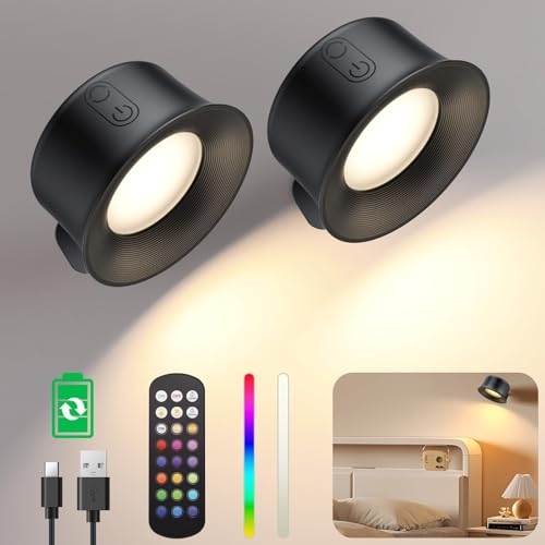 Maxetodo 2pcs Rechargeable Wall Lights Indoor Adhesive Magnetic Stick-on Wall Sconces Lamp for Bedroom,Bedside,Hallway,Staircase Reading Rechargeable Battery Operated,15RGB Colors,360° Rotation