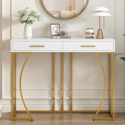 ModernLuxe Console Table with 2 Drawers, Light Luxury Style Hallway Storage Unit, Stylish Sturdy Metal Struts, Hallway Table with Gold-plated Handle and Adjustable Legs, White/Gold, 110x32x85cm
