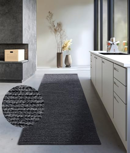 Villeroy & Boch Wollteppich Francois - Natur Wohnzimmerteppich - Handgewebt & Natürlich - Boho Teppich Wolle für Wohnzimmer, Schlafzimmer, Esszimmer, Flur, Küche – Anthrazit, 80x200cm
