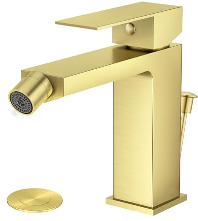 Faustina Rubinetto per Bidet WC con Tirante e Piletta, Miscelatore Monoelmo Bidet in acciaio inox regolabile con giunto sferico Ottone, Spazzolato Oro