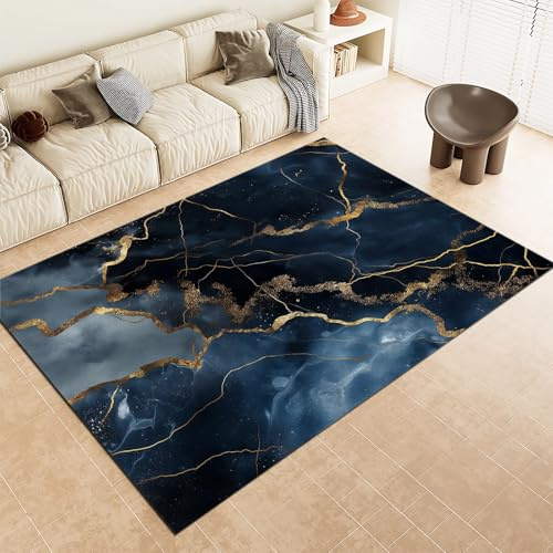 Moderner Teppich Hochwertiger Wohnzimmer Schlafzimmer Teppich Softer Kurzflor Luxus Marmor Design Elemente Dunkelblau und Schwarz 120x180 cm