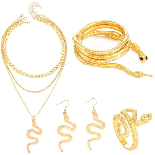 Reaky Schlangen-Schmuckset Schlangen-Halskette und Ohrringe Medusa-Schlangenkostüm Hollween-Schmuck für Frauen (4PCS Halskette Ohrringe Ring Armband)