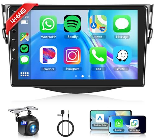 Rimoody 4+64G Android Autoradio für Toyota RAV4 2007-2012 9 Zoll HD Touchscreen Autoradio mit Wireless Carplay Android Auto Navi GPS Mirror Link Bluetooth WiFi/FM/RDS/EQ/SWC/USB Rückfahrkamera