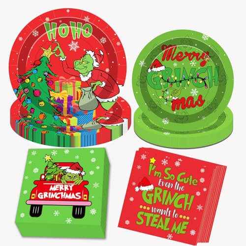 Lot de 96 assiettes de Noël rouges et vertes pour décorations de fête sur le thème de Noël (rouge)