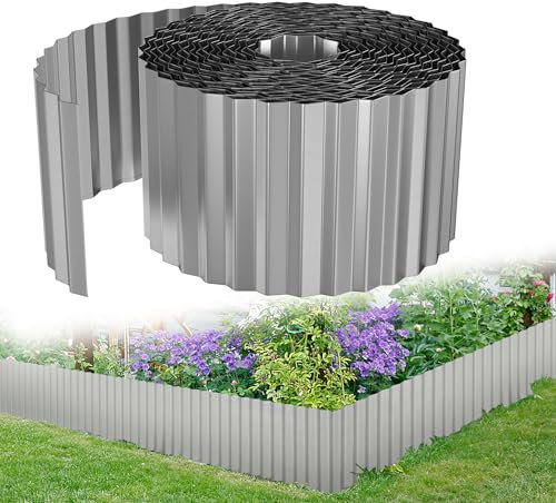 YRHome Flexible Rasenkante Beetbegrenzung 10m Länge 15cm Höhe Wellenförmig Gartenabgrenzung Gartenkante aus Metall Verzinkt Beeteinfassung für Rasen Mähkante Blumenbeet Silber