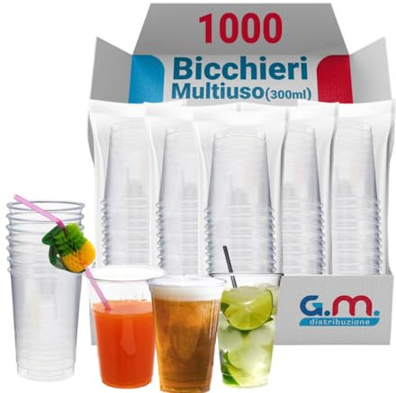 G.M. DISTRIBUZIONE 1000 Bicchieri Kristal da 300ml in PS Trasparente, Riutilizzabili, Per Cocktail, Birra, Granite, Frappe, Bicchieri Multiuso Riutilizzabili, Per Bar e Lounge Bar