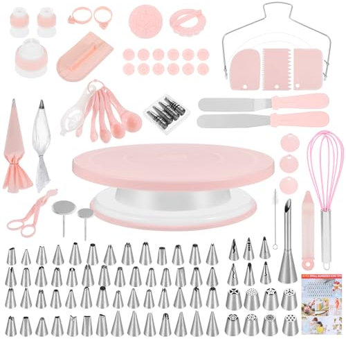 Cake Decorating Supplies Kit, Cake Turntable for Decorating, 64 Icing Ping Tips, 32 Piping Bags,3 Icing Scrapers, 2 Spatulas, 14 Fondant Mould, Cake Leveler for Baking Beginners