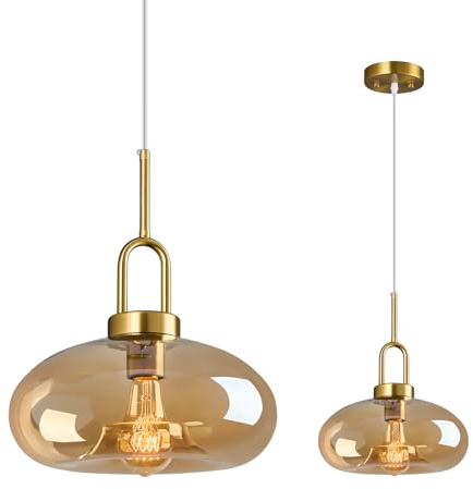 ZYBWL Bernstein Glas Pendelleuchte Küche Insel Gold Hängeleuchten Einstellbare Höhe Moderne Hängebeleuchtung für Schlafzimmer Esszimmer (28CM 1-Pack)