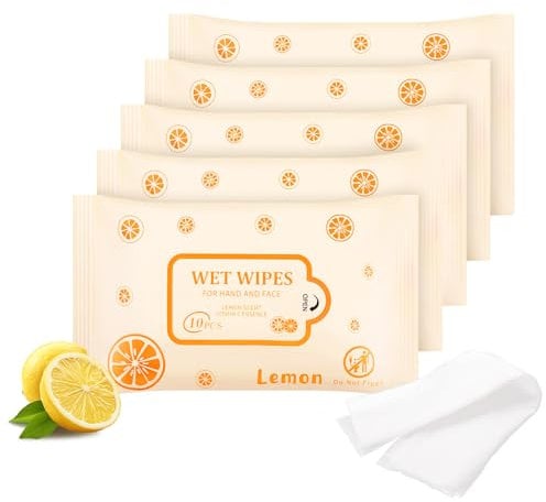 Pack of 50 Wet Wipes Individually Wrapped, Lemon Travel Wipes, 500 count, Clean Wipe Bulk for Travel with Aloe for Butt, Hands, Face Cleaning, Daily Use (10pcs per bag)