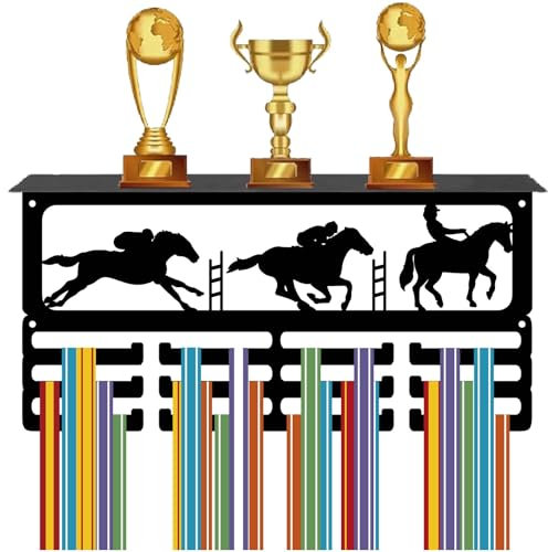 CREATCABIN Espositore Medaglie Equestri Espositore Trofei con 12 Gancio Porta Medaglie in Metallo da Equitazione Montaggio A Parete Organizer 60+ medaglie Sportive con Ripiano Premi 40x20x10cm