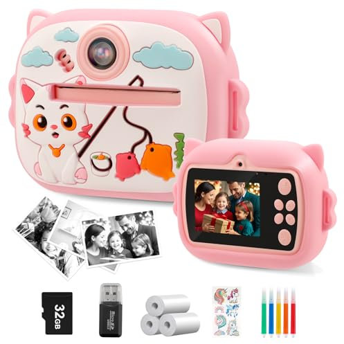 ACOHSY 2025 Kids Instant Print Camera with 32GB Card-1080P Children's Digital Camera with 3 Photo Paper Rolls, Christmas Birthday Gifts Toys for Girls & Boys Aged 4-12 Years(pink)
