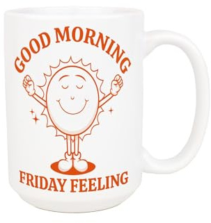 Purely Home Retro Coffee Mug - Friday Feeling Diner Cartoon Novelty Gifts - Large 500ml White Ceramic Tea/Coffee Cup Present
