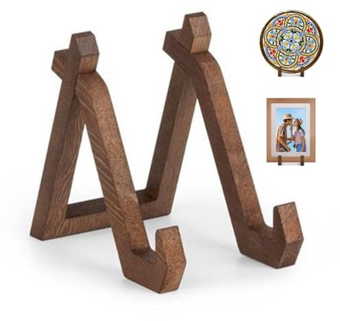 6 Inch Wooden Plate Display Stand, Wooden Plate Holder for Displaying, Rustic Decorative Holder for Picture Frame, Photos, Plaque, Platter, Artwork, Adjustable Angle, Wall-Mountable and Tabletop Shelf