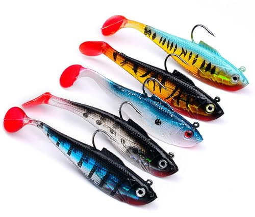 Fhioevt 5 Stück Angelköder Set Gummifisch mit Jigkopf Kunstköder Gummifische für Forelle Zander Barsch Gummiköder Paddelschwanz Angel-Jigs Kaöderfische für Süß und Salzwasser (11CM)