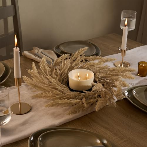OHS Artificial Pampas Grass Candle Ring, Small Faux Pampas Grass Candle Holder Boho Wreath Artificial Greenery Candles Ring Fall Decoration for Wedding Home Tabletop Decor, Natural