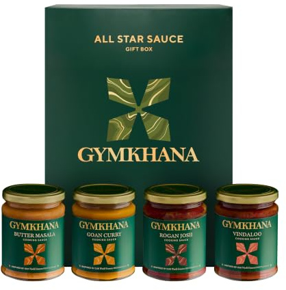 Gymkhana All Star Gift Box, Indian Cooking Sauces, 300ml per Jar - 4 Pack | Gourmet Curry Sauces | 1 Jar of Each, Butter Masala, Rogan Josh, Goan Curry & Vindaloo | Indian Food Gifts for Cooks