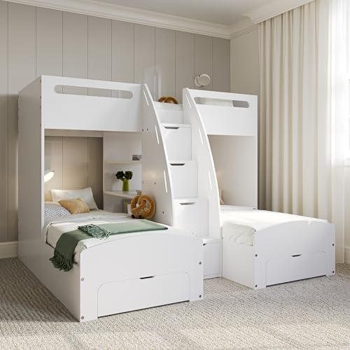 Flair Furnishings - Triple Bunk Bed for Kids, Staircase Bunk Bed with Storage, Heavy Duty, Integrated Shelving and Drawers, Sleek and Stylish (White)