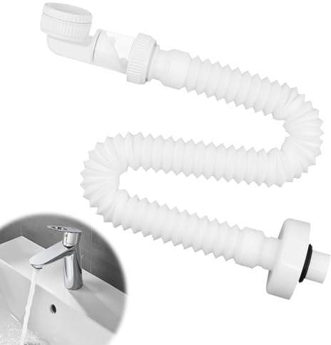 MISIQIMA Sifón de 1/4 pulgadas, sifón de ahorro de espacio, manguera de drenaje flexible, tubo de alcantarillado intercambiable, ajustable 360° para cocina, baño, lavadora (blanco)