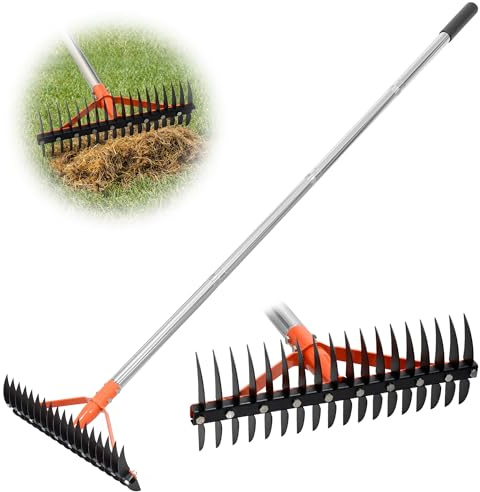 CKLT Thatch Rake for Lawns 18 Sharp Tempered Spring Steel Tines Dethatcher Rake Heavy Duty Dethatching Rakes with 62.5 Adjustable Stainless Steel Handle for Lawn Care,Dead Grass, Garden, Yard
