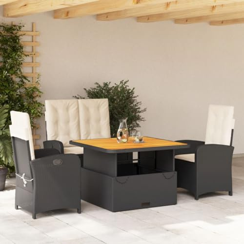 Holamys 4-TLG. Garten-Essgruppe Schwarz Poly Rattan, verstellbare Stühle & Bank, höhenverstellbarer Tisch, cremeweiße Kissen, pflegeleicht, UV-beständig, für Terrasse, Balkon, Garten