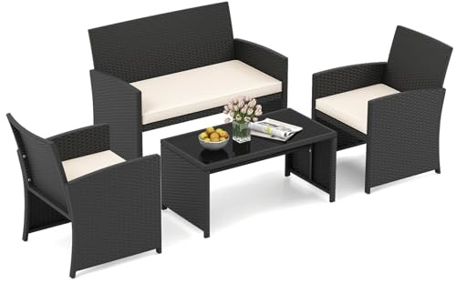 COSTWAY Set Salotto da Giardino 4 Pezzi, Divanetto e Poltrone in Rattan con Tavolino da Caffè in Vetro Temperato, Set di Mobili da Esterno Imbottiti per Cortile, Veranda e Bordo Piscina (Bianco)