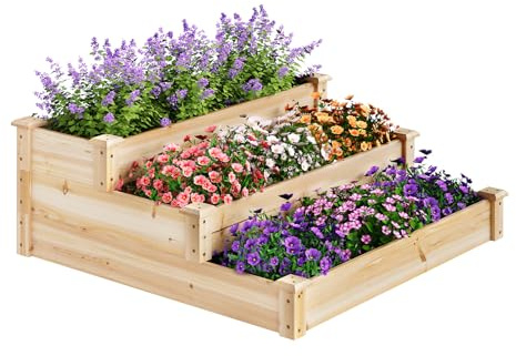 WOLTU Huerto Urbano de 3 Niveles, Jardinera de Madera, Huerto Elevado para Verduras Frutas y Flores, Diseño de Escalera, Jardinera Exterior para Patio Terraza Balcón Jardín, 92x92x35 cm