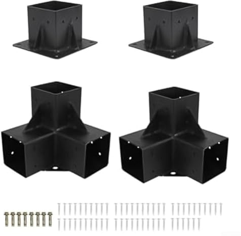 4-Piece Heavy-Duty 4x4 Pergola Bracket Kit – Rust-Resistant Carbon Steel, 3-Way Right-Angle Corner Brackets for Outdoor Pergolas, Patio Covers & Sheds