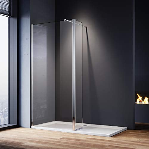 ELEGANT 760mm Easy Clean Glass Wetroom Shower Screen with 300mm Flipper Panel + 1400x800mm Stone Walk in Shower Enclosure Tray and Waste