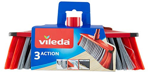 Vileda 3Action Indoor Broom Collects All Types of Dirt, Red-Grey