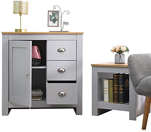 CF Furniture Living Room 2 Piece Set Corona Side Lamp Table 1 Door 3 Drawer Sideboard Free Standing Storage Cabinet Modern Simple Practical Grey+Oak,Lounge Table