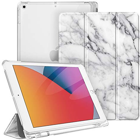 Fintie Hülle für iPad 9. Generation 2021/8. Gen 2020/7. Gen 2019 10.2 Zoll mit Stifthalter, ultradünne leichte Schutzhülle mit transparenter Rückseite und Auto Schlaf/Wach Funktion, Marmor Weiß