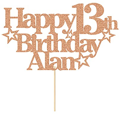 EDSG Personalised Happy Birthday Cake Topper Custom Party Decoration with Any Name Any Age Multicolour Glitter Cake Topper 13th 16th 18th 21st 30th 50th 60th 80th Hand Finished in UK (Rose Gold)