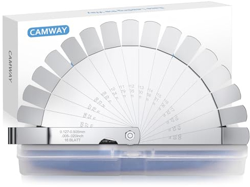CAMWAY Feeler Gauge 16Pcs Blades Stainless Steel Feeler Gauge 45 Angle Blades Offset 0.508-0.127 mm/ 0.005-0.020 inch Spark Plug Gap Tool Imperial/Metric Measuring Tool