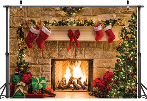 LYWYGG 7x5FT Weihnachten Kamin Hintergrund Mit Bäumen Für Abendessen, Familie Party Dekorationen, Eve Fotografie CP-282