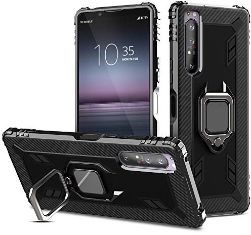 Ranyi For Sony Xperia 1 II Case, Carbon Fiber Design with 360 Rotating Ring Holder Kickstand Feature Shock Absorbing Full Body Protection Rubber Silicone Case for Sony Xperia 1 II 6.5 Inches – Black
