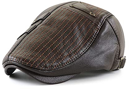 Ueither Herren Verstellbare Schiebermütze PU Leder Flatcap Newsboy Cap Schirmmütze (Dunkler Kaffee)